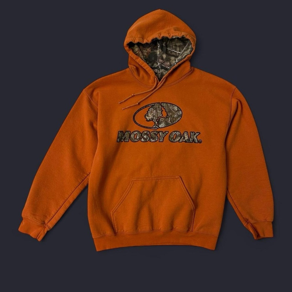 Gorpcore Mossy Oak Burnt Orange Hoodie w Camo Logo & Hood - Size Medium